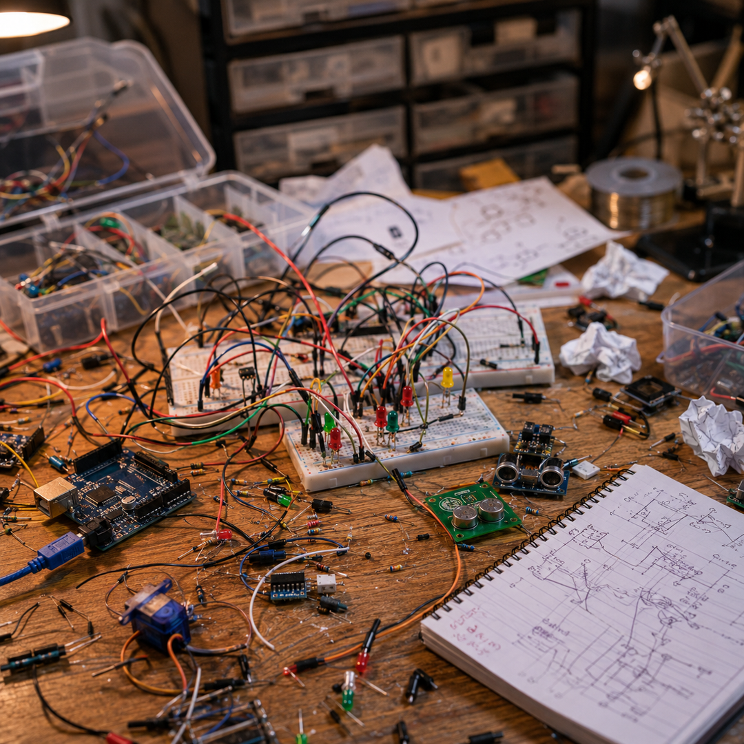 Componenti sciolti sulla breadboard con tanti cavi