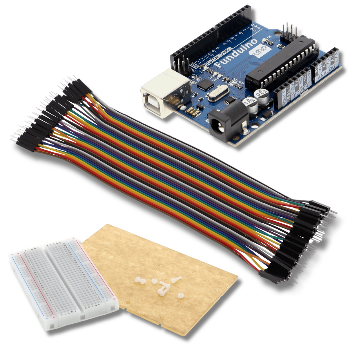 Funduino UNO R3 bundle - mounting plate, 400-point breadboard, 40 M/M cables