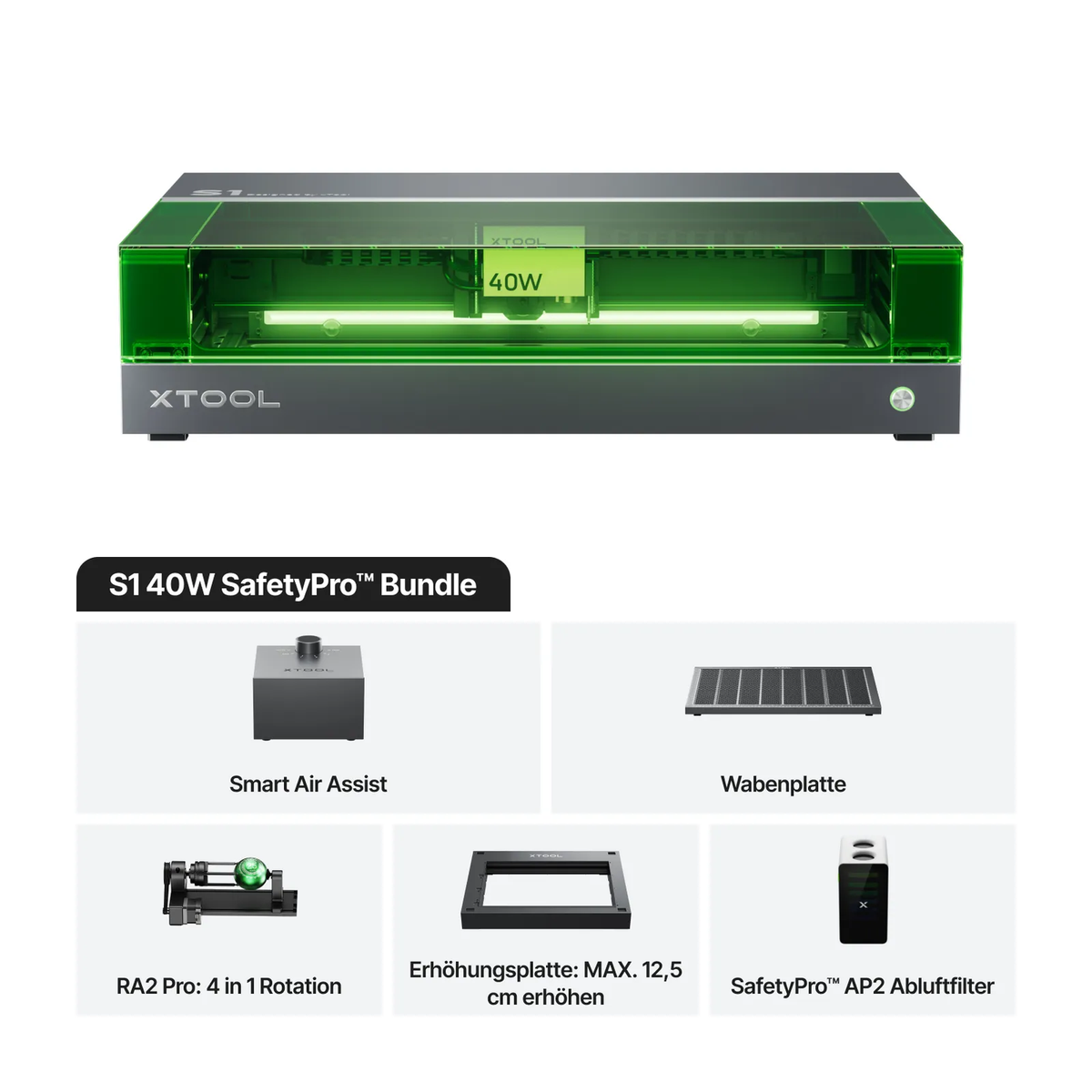 XTool S1 40 W Dark Lasergravierer - 498 x 319 mm, verschiedene Ausführungen