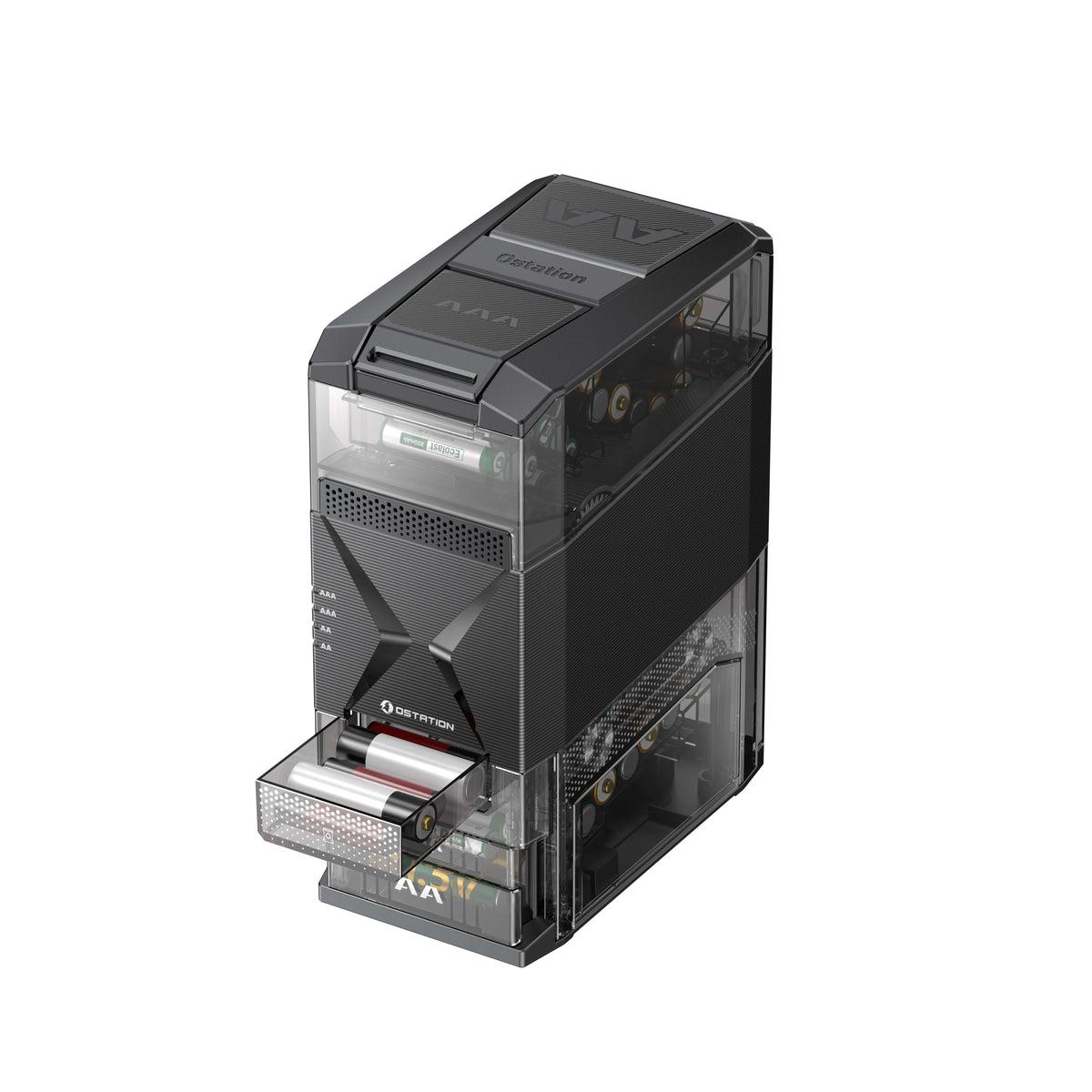 Stazione di ricarica per batterie Olight Ostation 2 - confezione con 1 batteria AA e 1 batteria AAA