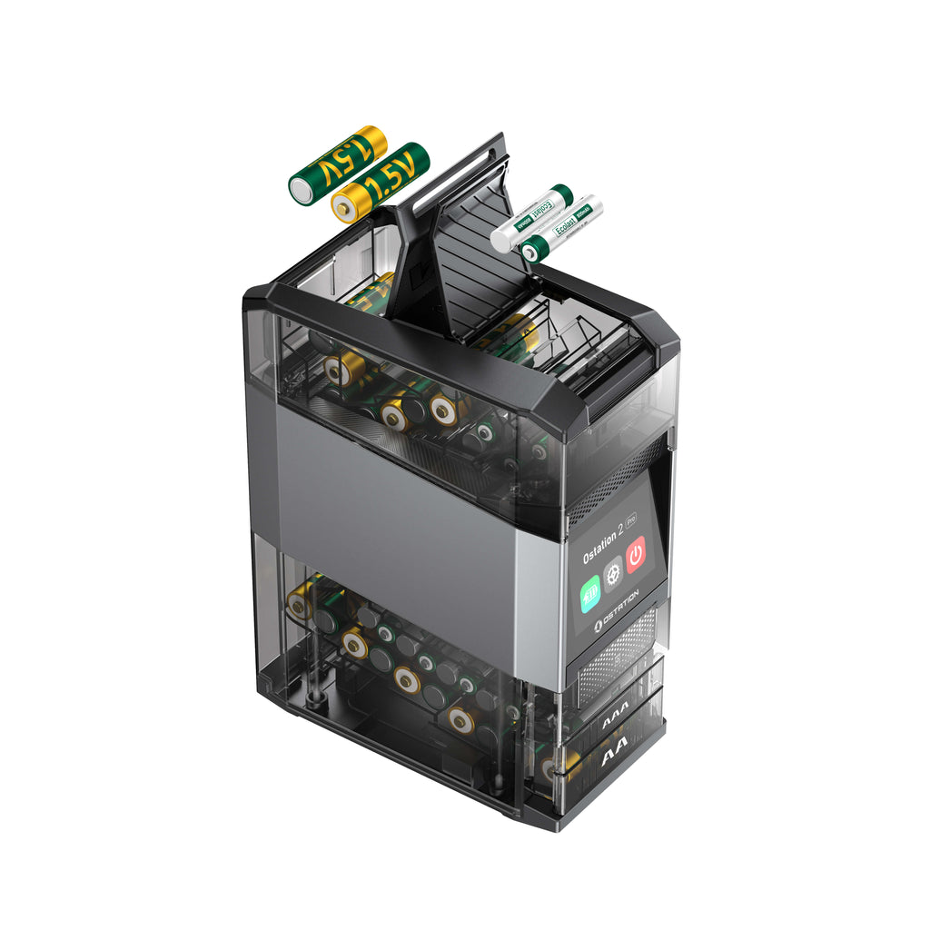 Stazione di ricarica per batterie Olight Ostation 2 - confezione con 1 batteria AA e 1 batteria AAA