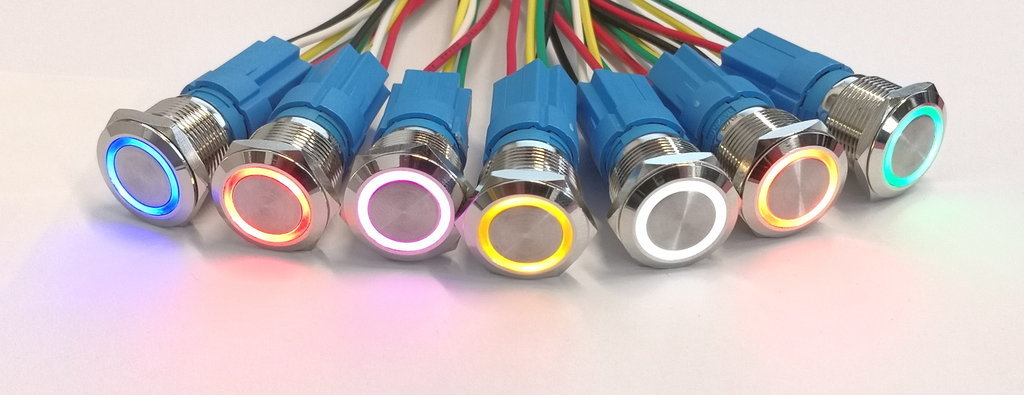 Druckschalter LED beleuchtet - Chrom mit Fassung, verschiedene Farben, 3 V und 5 V