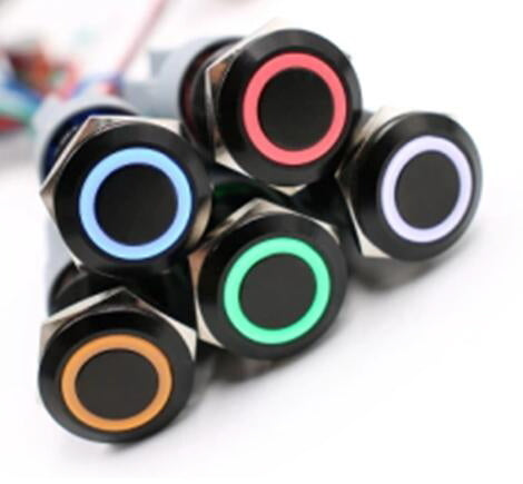 Druckschalter 19 mm - LED-Ring 3-9 V, Metall schwarz, verschiedene Farben