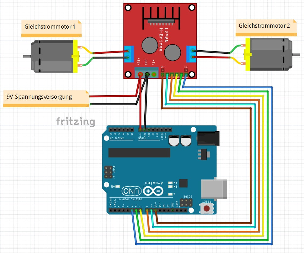 Schaltplan mit Arduino, L298N und zwei Gleichstrommotoren