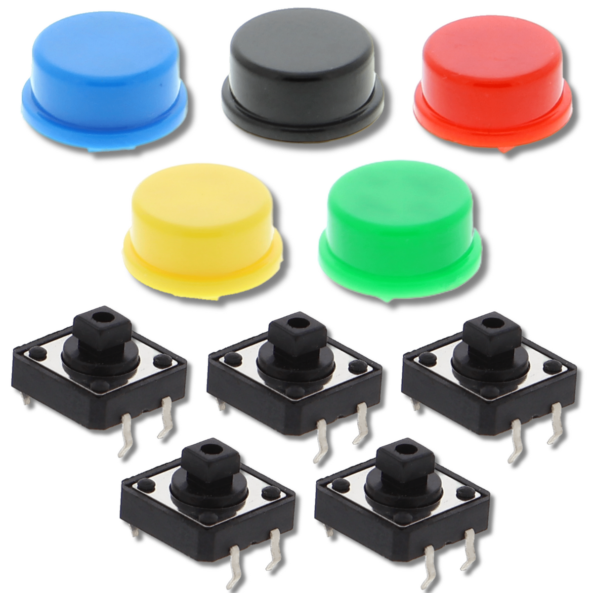 Taster Ø 12 mm - 5 Stück mit Kappen in 5 Farben