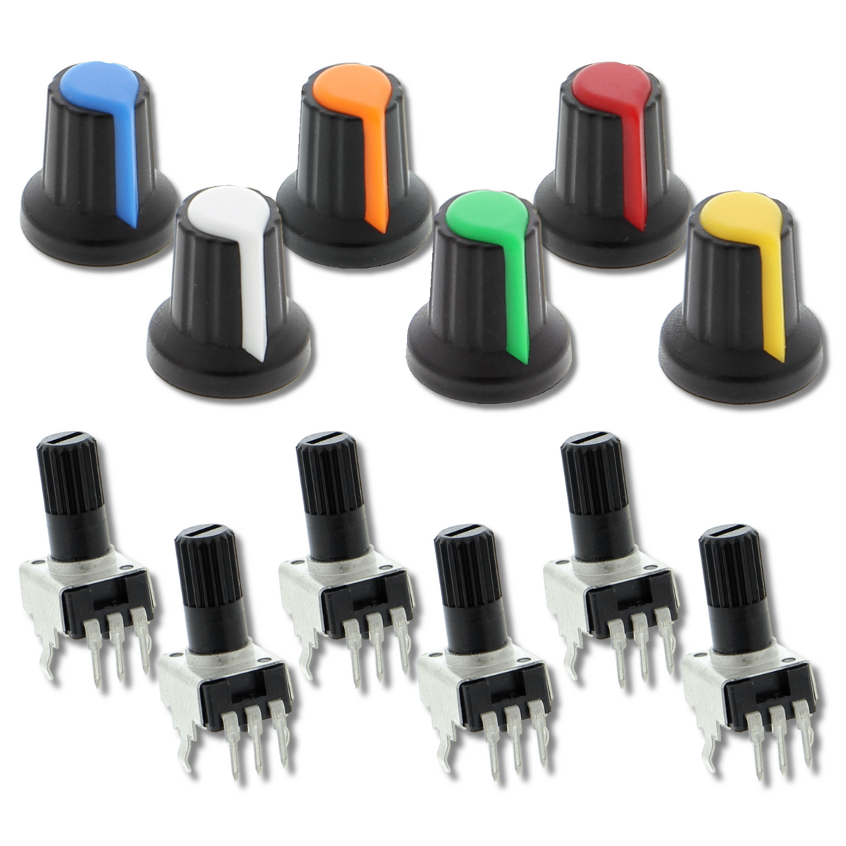 6* koolstoffilm-potentiometers (10K), 6* doppen voor potentiometers
