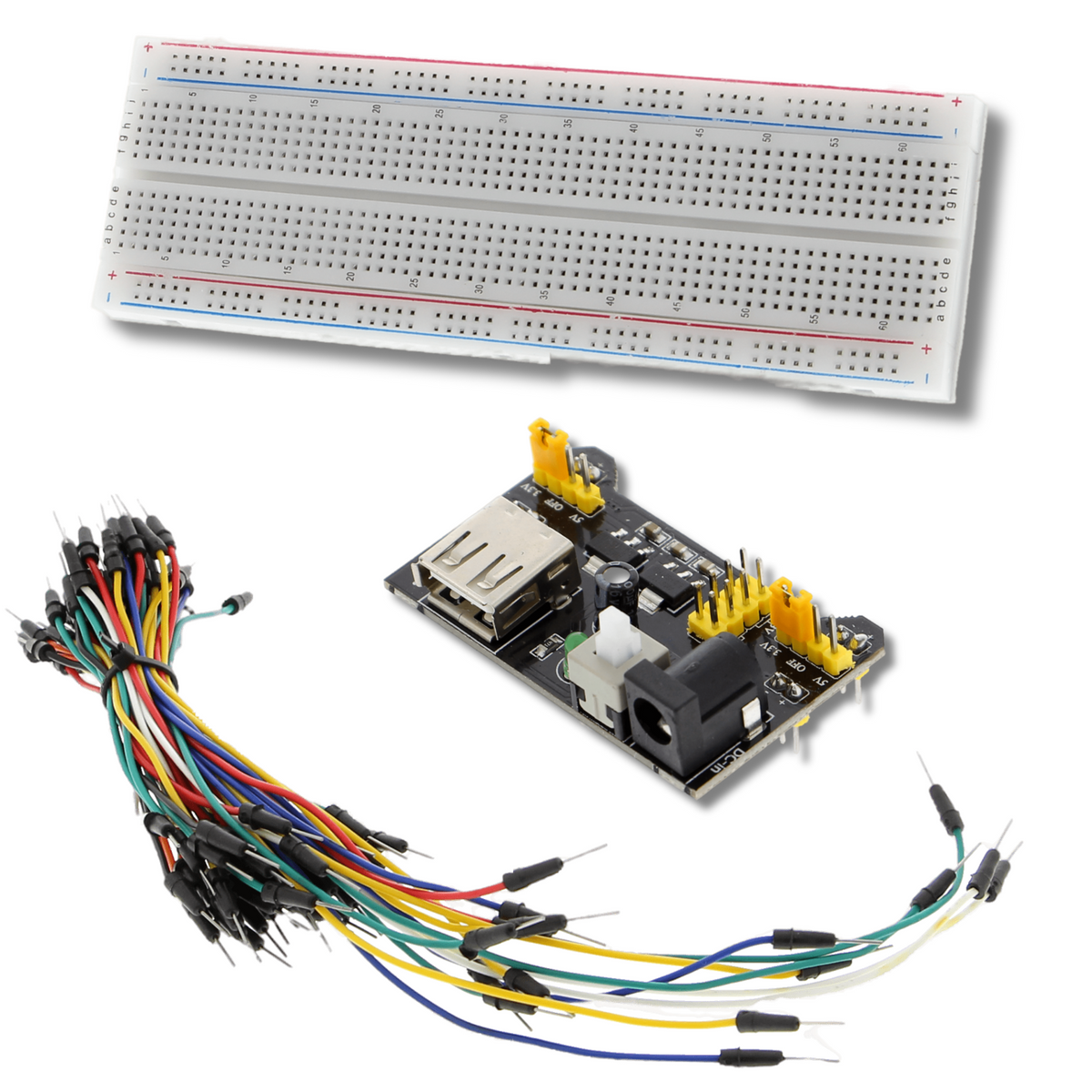 Breadboard Bundle - 830 Contacts, 65 M/M Wires, MB102 Power Supply Module