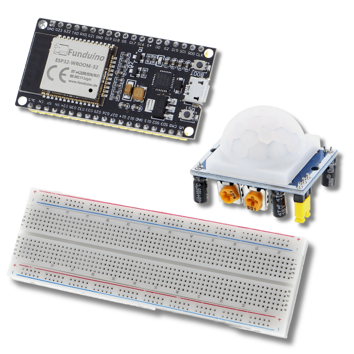 Funduino ESP32, bewegingsmelder HC-SR501, 830P-breadboard