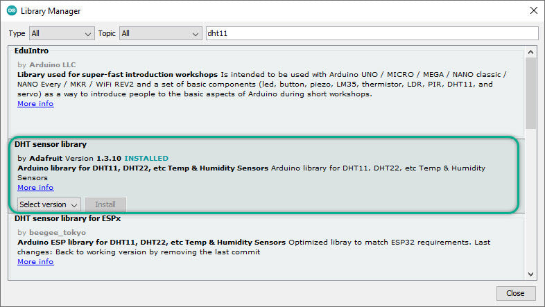 Der Bibliotheksverwalter der Arduino IDE mit der DHT-Bibliothek