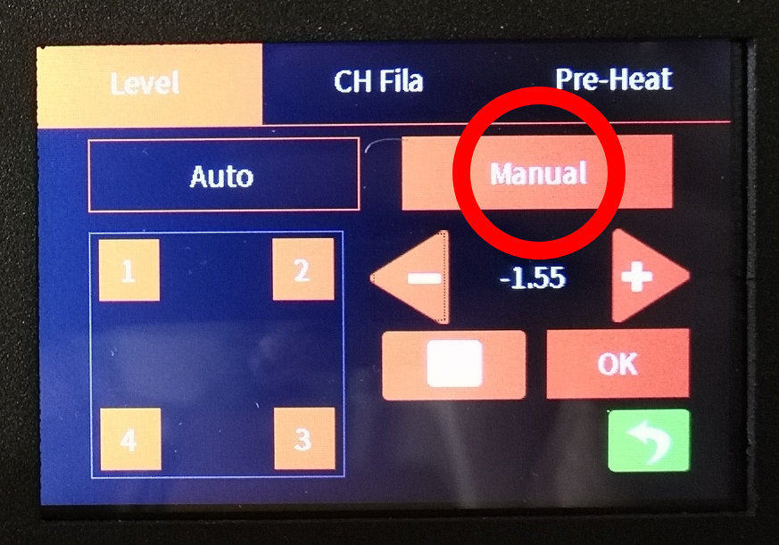 Schaltfläche Manual im Leveling-Menü