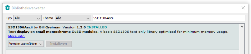 Bibliotheksverwalter der Arduino IDE mit SSD1306Ascii