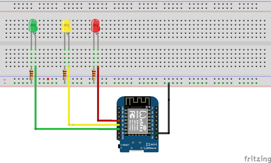 Schaltplan: rote LED an D5, gelbe LED an D6 und grüne LED an D7 des Wemos D1