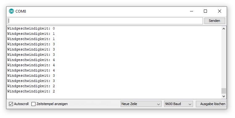Serieller Monitor mit der umgerechneten Windgeschwindigkeit