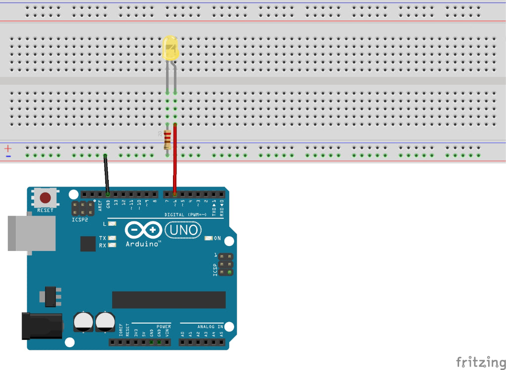 Steckbrett mit LED und Vorwiderstand am Arduino UNO