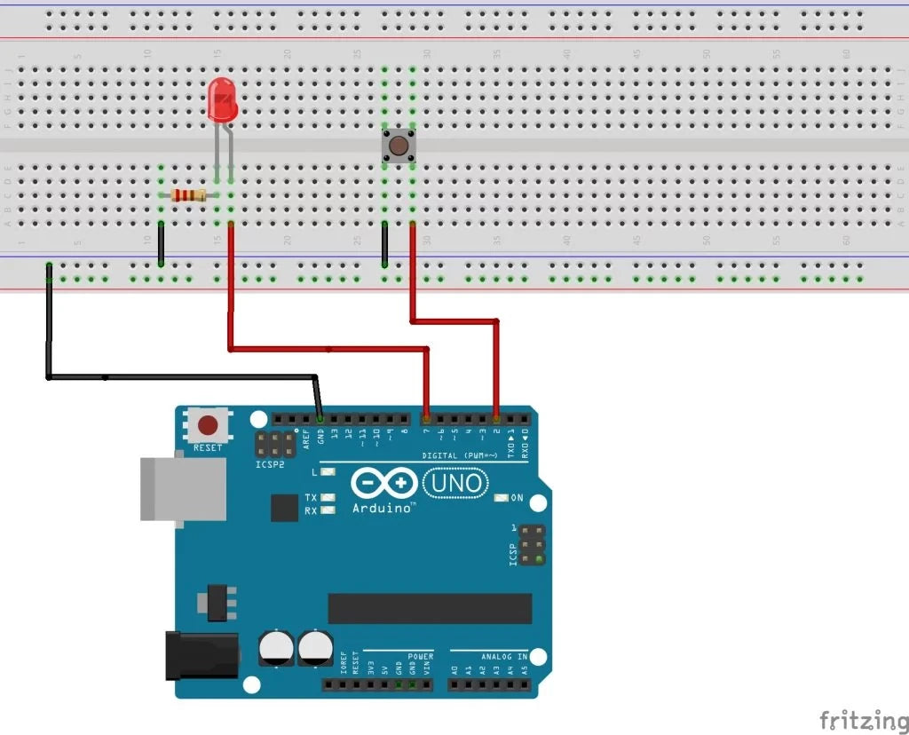 Steckplatine mit Arduino, einer LED und einem Taster