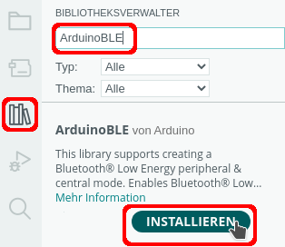 Bibliotheksverwalter der Arduino IDE mit der ArduinoBLE-Bibliothek