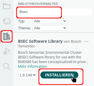 Bibliotheksverwalter der Arduino-Software mit der BSEC-Bibliothek