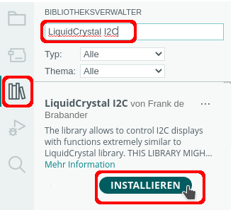 Die Bibliothek LiquidCrystal I2C im Bibliotheksverwalter