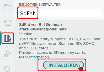 Bibliotheksverwaltung der Arduino IDE mit der Bibliothek SdFat