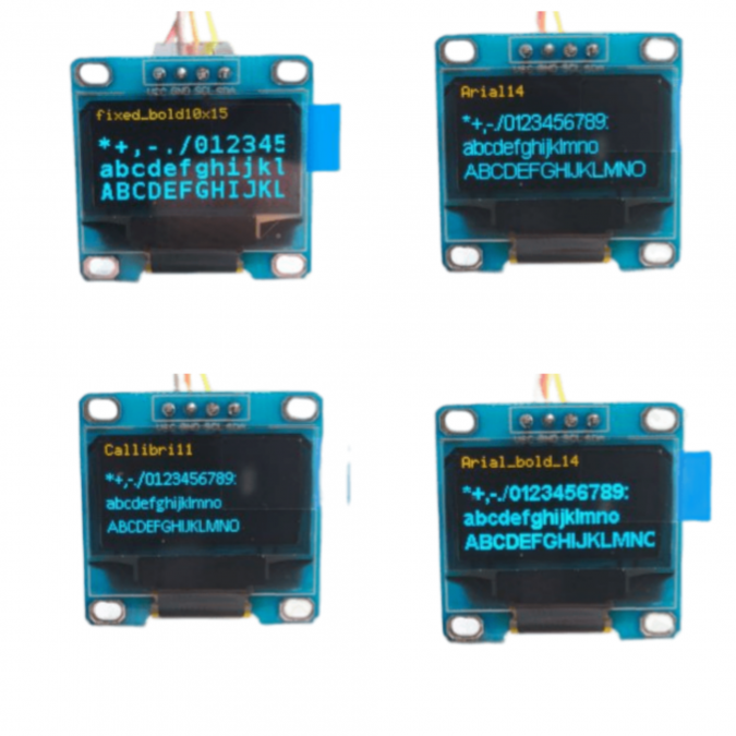 Vier OLED-Displays mit verschiedenen Schriftarten
