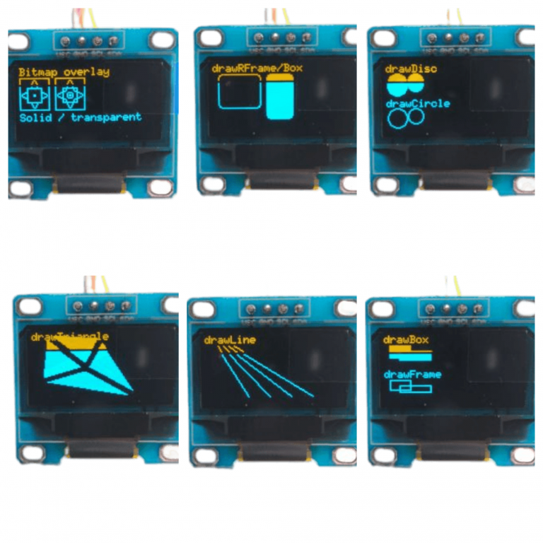 Sechs OLED-Displays mit Grafiken und Schriften