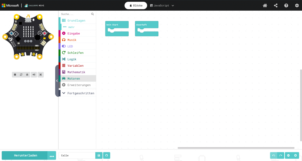 MakeCode-Oberfläche mit den Blöcken beim Start und dauerhaft