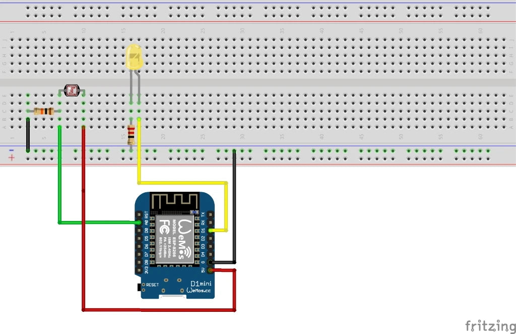 Schaltplan mit Fotowiderstand an A0 und LED an Pin D1 des Wemos D1 Mini