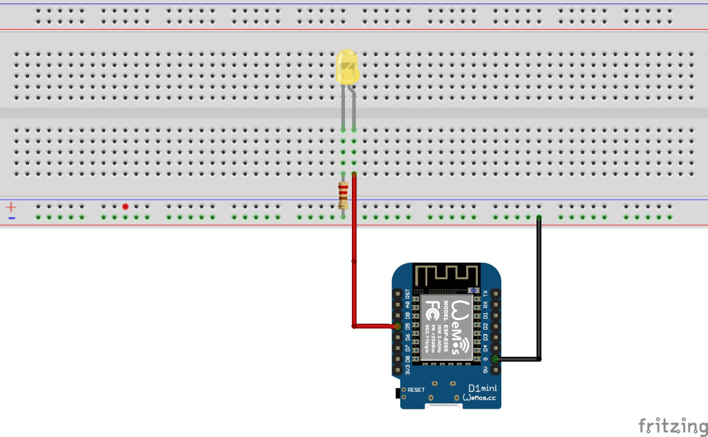 Steckbrett mit LED und Vorwiderstand am Wemos D1 Mini