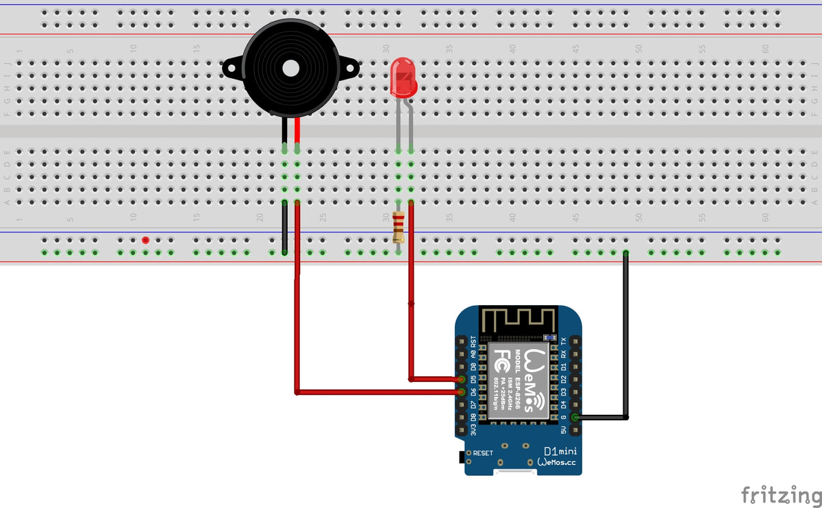 Steckbrettaufbau mit LED und Piezo am Wemos D1 Mini