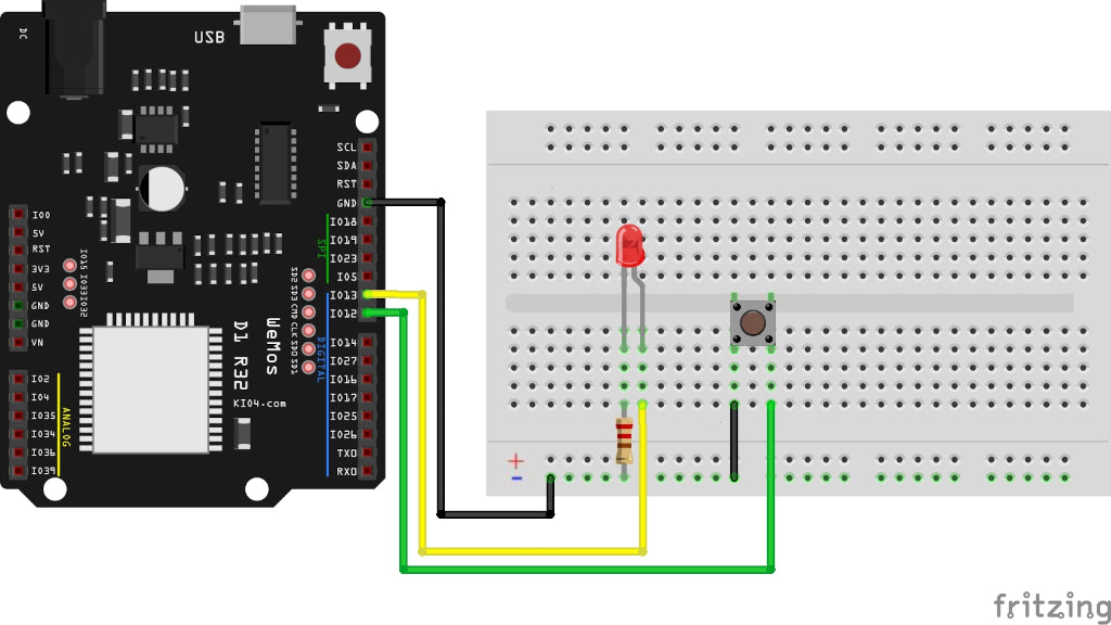Steckplatine mit LED und Taster am Wemos D1 R32