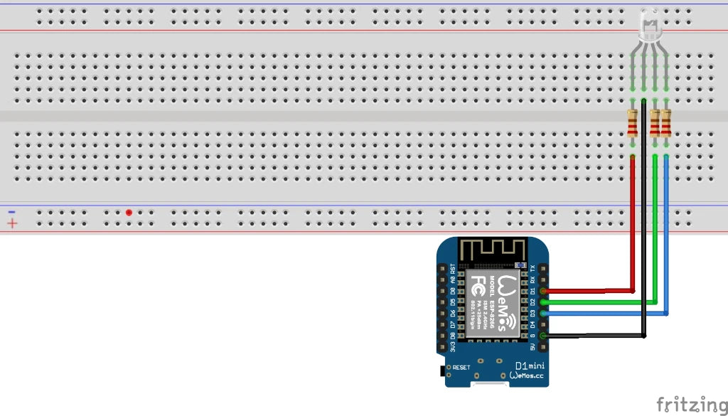 Schaltplan mit RGB-LED an den Pins D1, D2 und D3 des Wemos D1 Mini