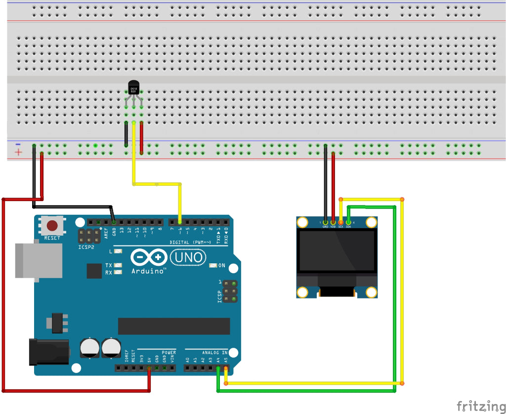 Schaltplan: DS18B20 und OLED am Arduino UNO