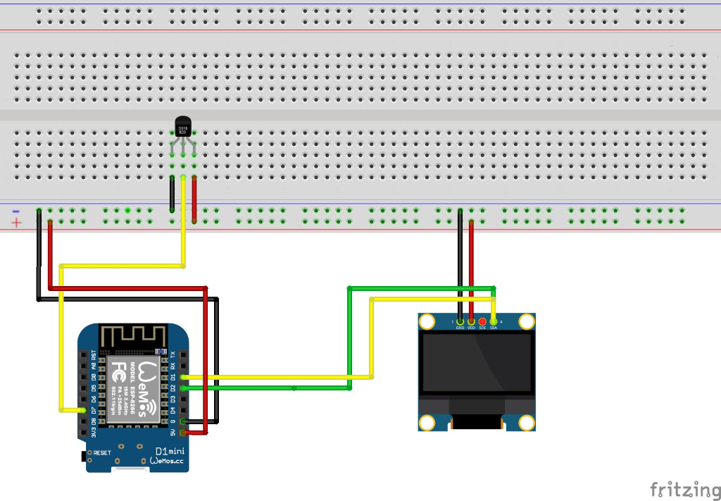 Schaltplan: DS18B20 und OLED am Wemos D1 Mini