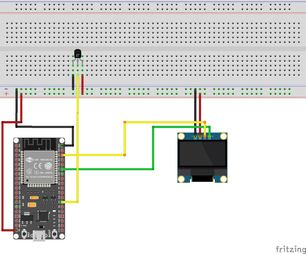 Schaltplan: DS18B20 und OLED am ESP32-Wroom