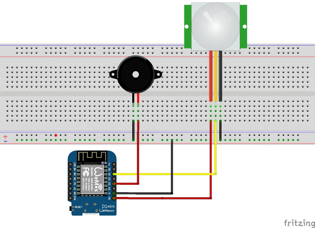 Schaltplan mit HC-SR501 an Pin D1 und Lautsprecher an Pin D3 des Wemos D1 Mini