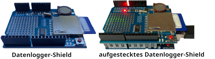 Datenlogger-Shield einzeln und auf einen Arduino aufgesteckt