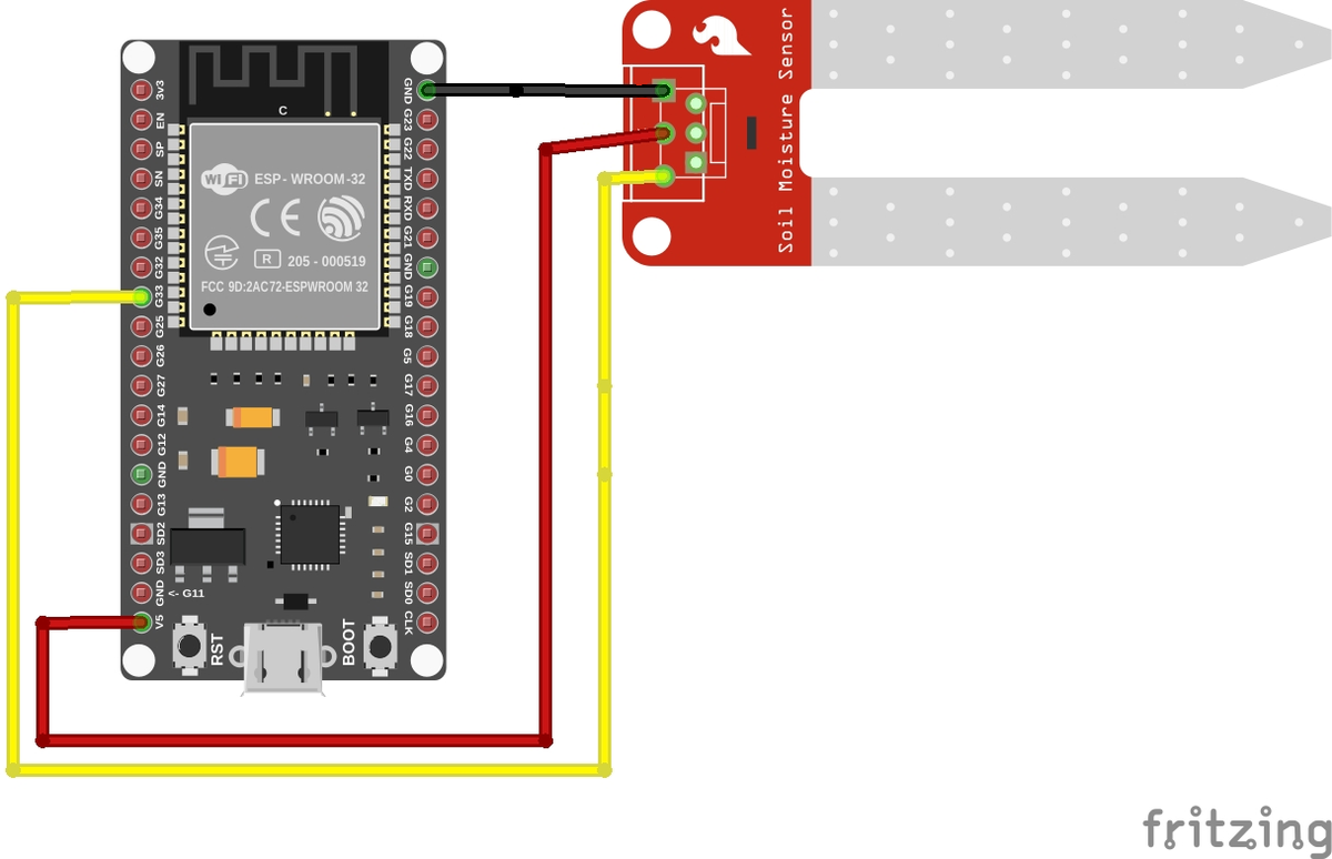 Schaltplan mit Feuchtigkeitssensor am Pin 33 des ESP32-Wroom