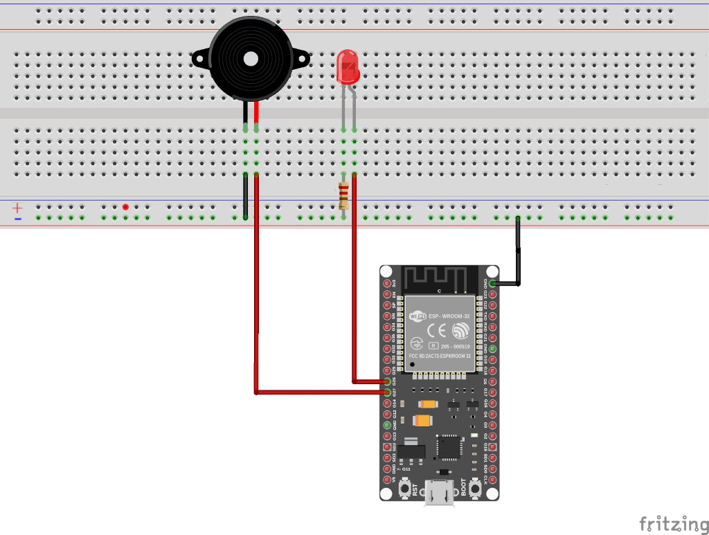 Steckbrettaufbau mit LED und Piezo am ESP32-Wroom