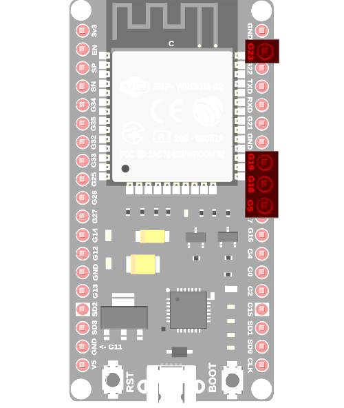 Pinbelegung ESP32-Wroom, SPI-Pins hervorgehoben