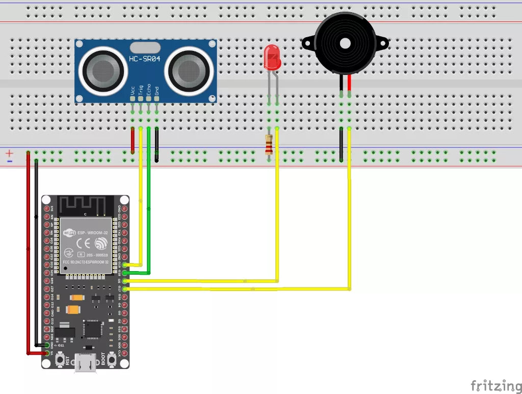 HC-SR04 mit LED und Piezo am ESP32-Wroom