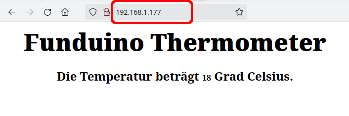 Die Webseite Funduino Thermometer mit der gemessenen Temperatur im Browser