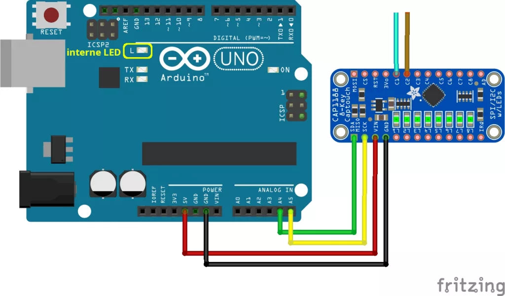 CAP1188 am Arduino, zwei Kabel an den Pins C1 und C2