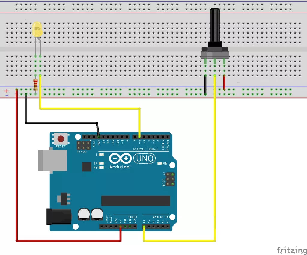 Steckbrett mit Potentiometer und LED am Arduino UNO