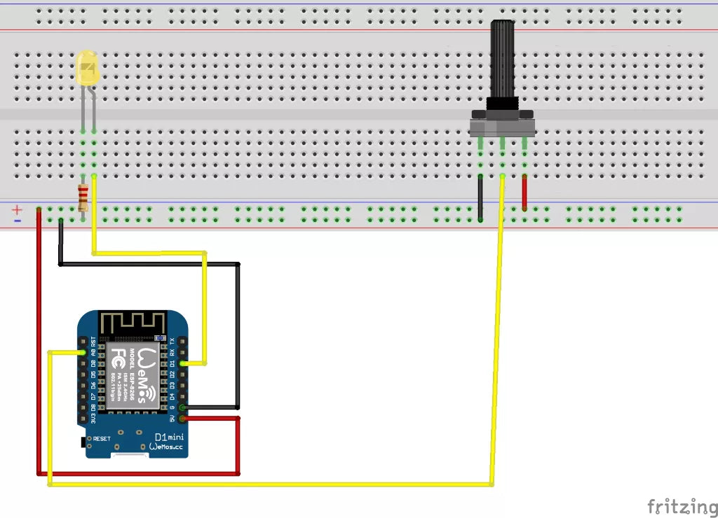 Steckbrett mit Potentiometer und LED am Wemos D1 Mini