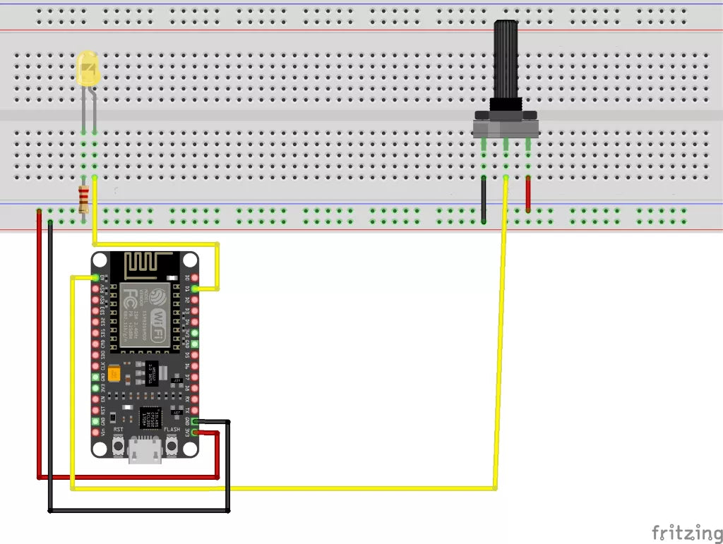 Steckbrett mit Potentiometer und LED am NodeMCU
