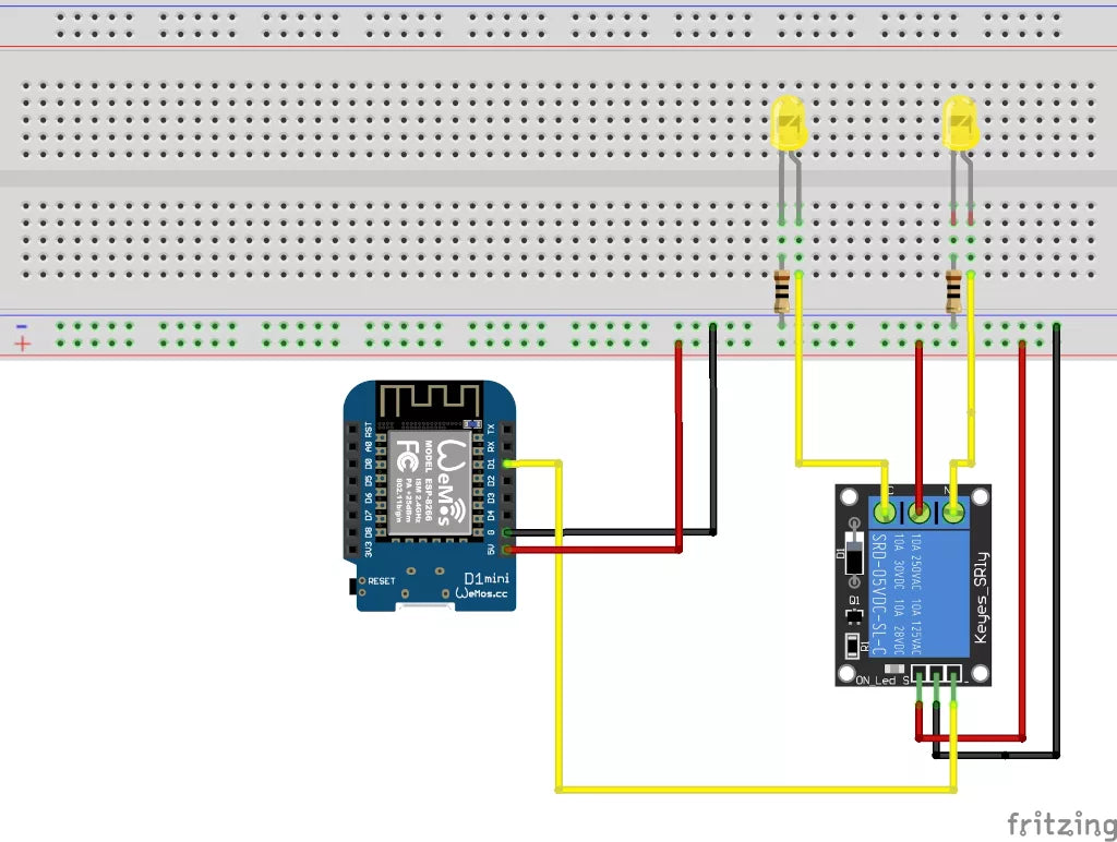Schaltplan: Relaiskarte und zwei LEDs am Wemos D1 Mini