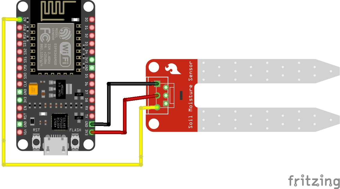Schaltplan mit Feuchtigkeitssensor am analogen Eingang A0 des NodeMCU
