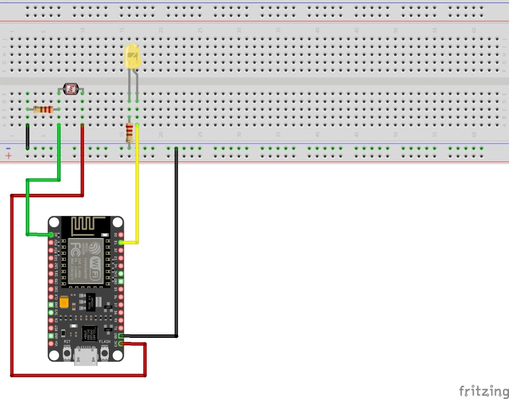 Schaltplan mit Fotowiderstand an A0 und LED an Pin D1 des NodeMCU