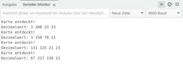 Ausgabe im Seriellen Monitor: Karte entdeckt und der Dezimalwert der UID