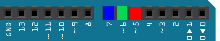 Anschluss der RGB-Platine: R an Pin 5, G an Pin 6, B an Pin 7, GND an GND